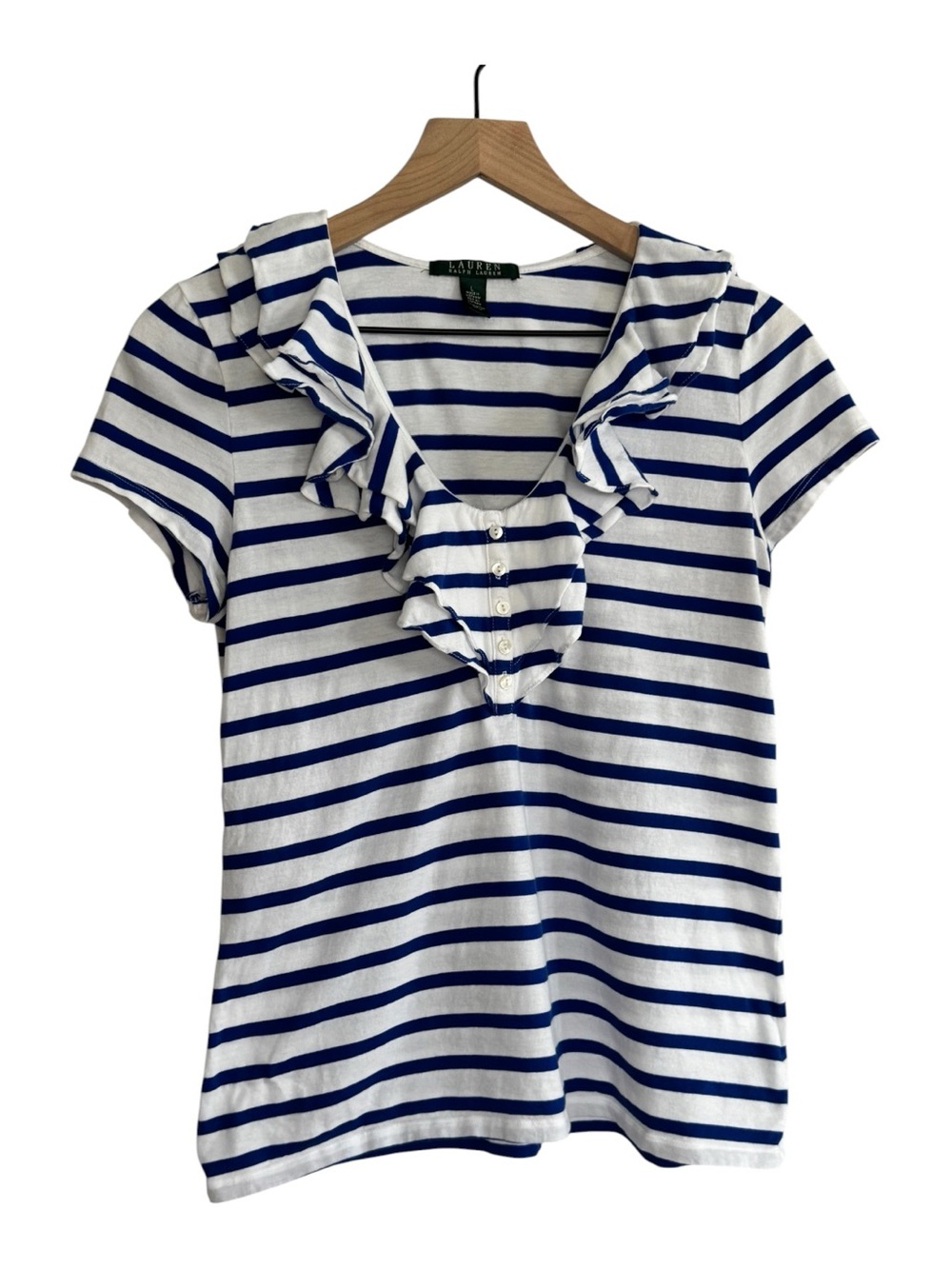 Lauren Ralph Lauren White and Navy Striped Ruffle Tee - Size Large 100% Cotton